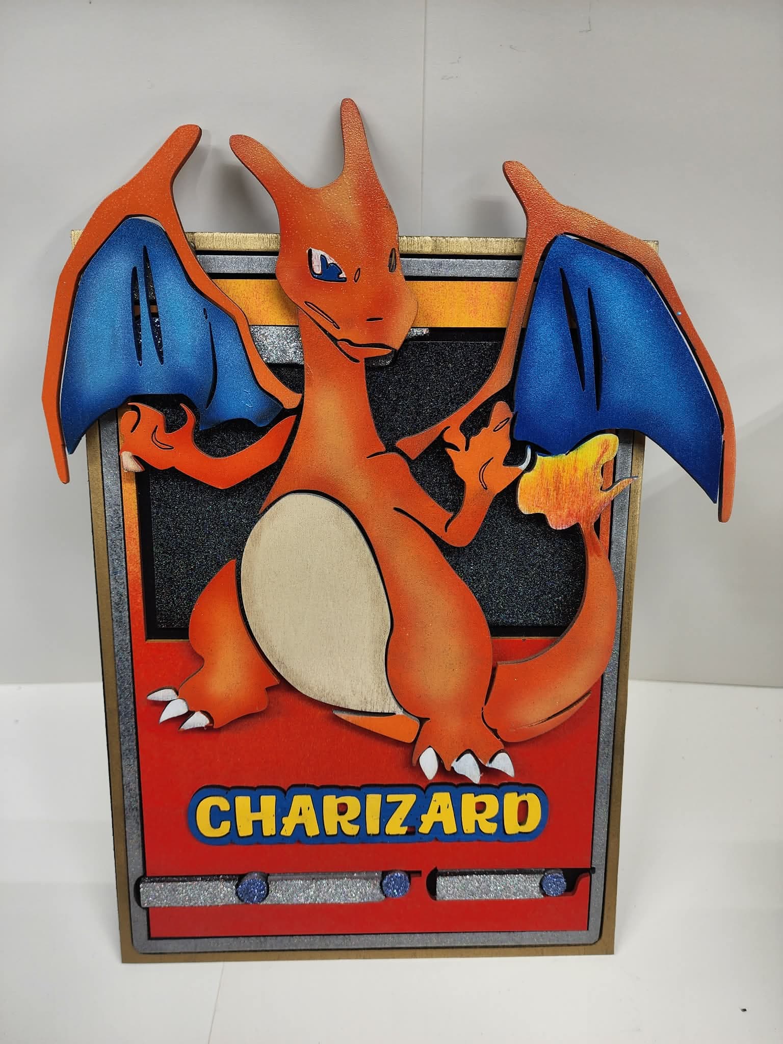 Charizard character backlit wood art